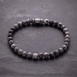 Stainless Steel Polished 6mm Gray Jasper Bead Stretch Bracelet